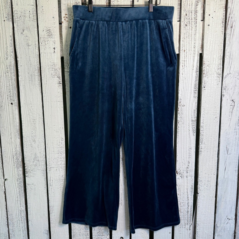 Cable & Gauge Sport Teal Blue Velvet pants Women L Wide Leg Pockets Velour Y2K